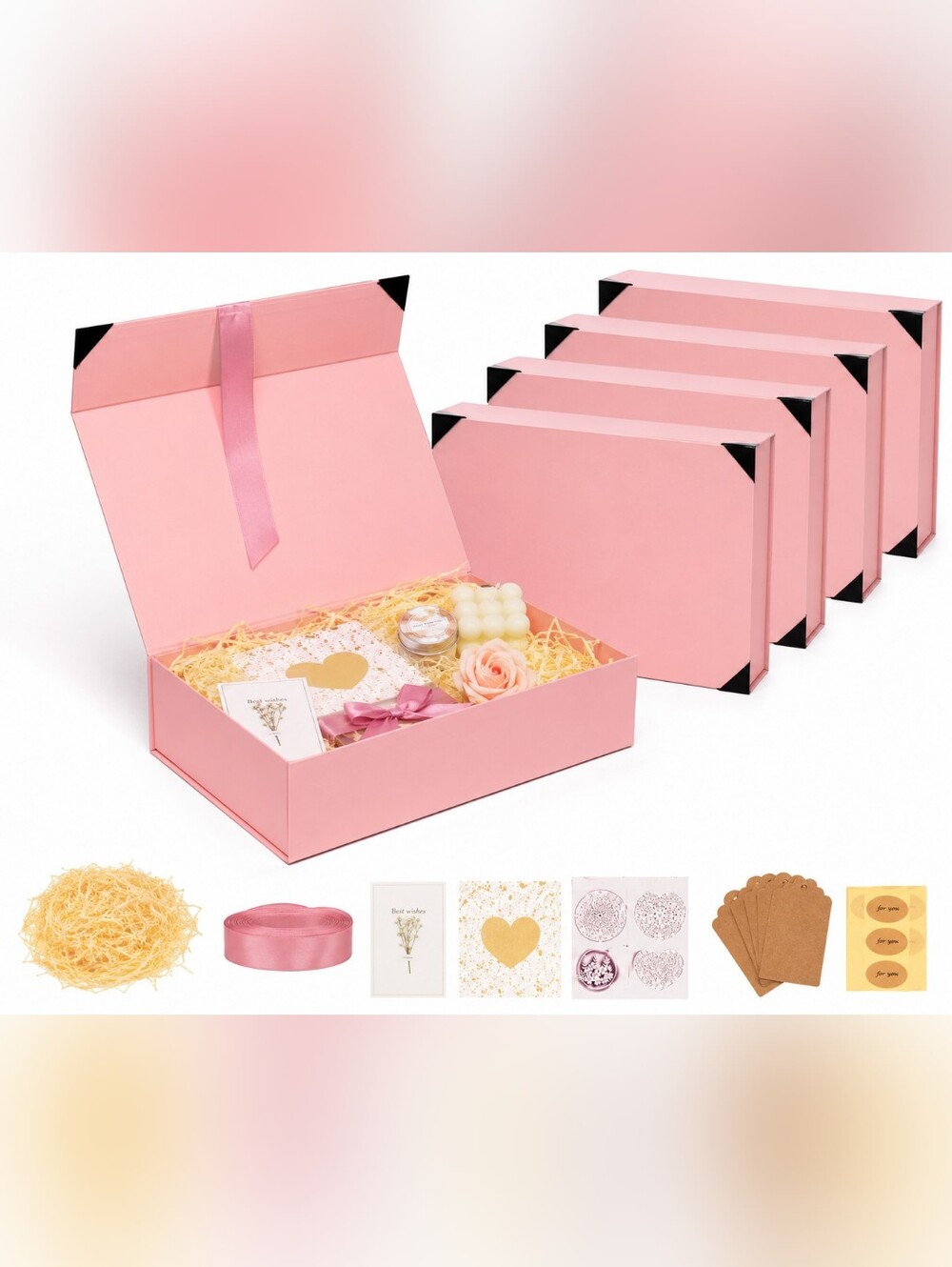 HongCai Printing Large Pink Magnetic Gift Boxes w/ Lid 13.5x10x5” Set of 5 New